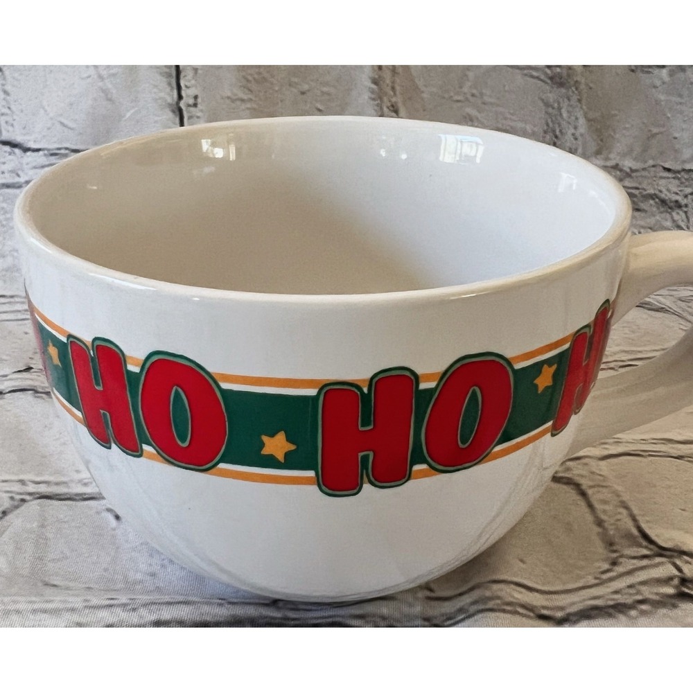 Vintage 1998 J.I.I. Christmas Ho Ho Ho Oversized Ceramic Mug Soup Cup White Red